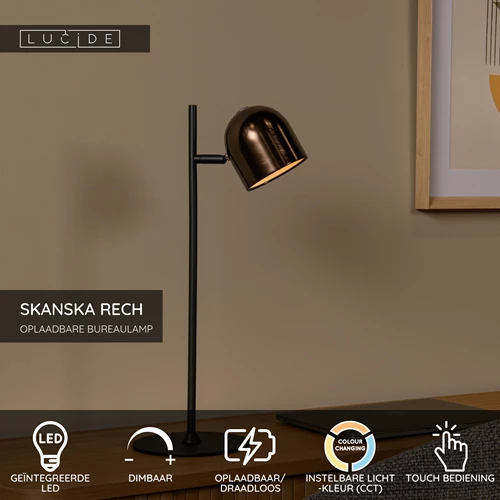 Lucide SKANSKA RECH - Oplaadbare Bureaulamp Binnen/Buiten - Accu/Batterij - LED Dimb. - CCT - 1x3W 3000K/6000K - IP44 - Koffie - USP